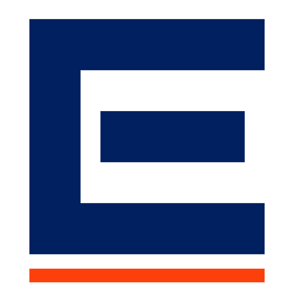 A stylized blue letter "E" with a horizontal orange line underneath.